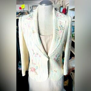 Moiselle Cream Frayed-Detail Tweed Suit Jacket Floral Button Down Blazer Size 36